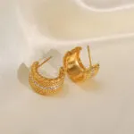 Luxury Gold C-Shaped Zircon Stud Earrings | Textured Hypoallergenic Jewelry - Image 2