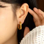 Geometric Curved Square Hoop Earrings | 18K Gold-Plated Stainless Steel Jewelry - Image 2