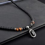 Black Gemstone & Tiger Eye Beaded Necklace with Geometric Pendant | Stainless Steel Jewelry
