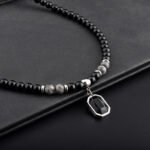 Black Gemstone & Tiger Eye Beaded Necklace with Geometric Pendant | Stainless Steel Jewelry - Image 2