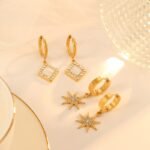 Luxury Geometric CZ Drop Huggie Earrings Set | Gold Stainless Steel Jewelry