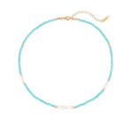 Natural Turquoise & Freshwater Pearl Beaded Choker | 18K Gold-Plated Stainless Steel Jewelry - Image 3