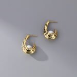 18K Gold Textured C-Hoop Pearl Stud Earrings | Minimalist Stainless Steel Jewelry - Image 2
