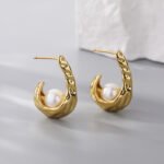 18K Gold Textured C-Hoop Pearl Stud Earrings | Minimalist Stainless Steel Jewelry