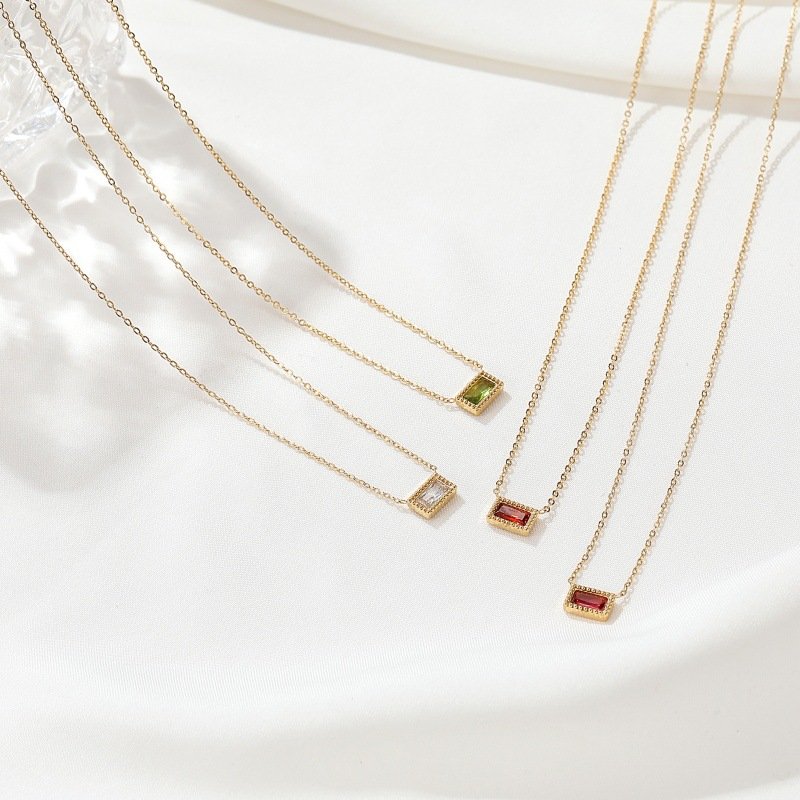 LOFTILY小众ins风生日石项链diy轻奢18k金项链钛钢饰品首饰_主图-2 18K Gold-Plated Birthstone Rectangle Pendant Necklace | Minimalist Luxury Jewelry - Image 1
