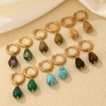 Natural Stone Teardrop Huggie Earrings Collection | Gold Stainless Steel