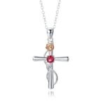 December Birthstone Cross & Rose Pendant Necklace | Two-Tone Stainless Steel Jewelry