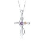 December Birthstone Cross & Rose Pendant Necklace | Two-Tone Stainless Steel Jewelry - Image 2