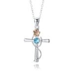 December Birthstone Cross & Rose Pendant Necklace | Two-Tone Stainless Steel Jewelry - Image 3