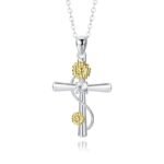 December Birthstone Cross & Rose Pendant Necklace | Two-Tone Stainless Steel Jewelry - Image 4