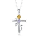 December Birthstone Cross & Rose Pendant Necklace | Two-Tone Stainless Steel Jewelry - Image 6