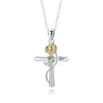 December Birthstone Cross & Rose Pendant Necklace | Two-Tone Stainless Steel Jewelry - Image 8