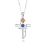 December Birthstone Cross & Rose Pendant Necklace | Two-Tone Stainless Steel Jewelry - Image 9