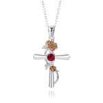 December Birthstone Cross & Rose Pendant Necklace | Two-Tone Stainless Steel Jewelry - Image 10