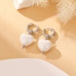 Minimalist White Heart Drop Earrings | Silver Huggie Hoop Design