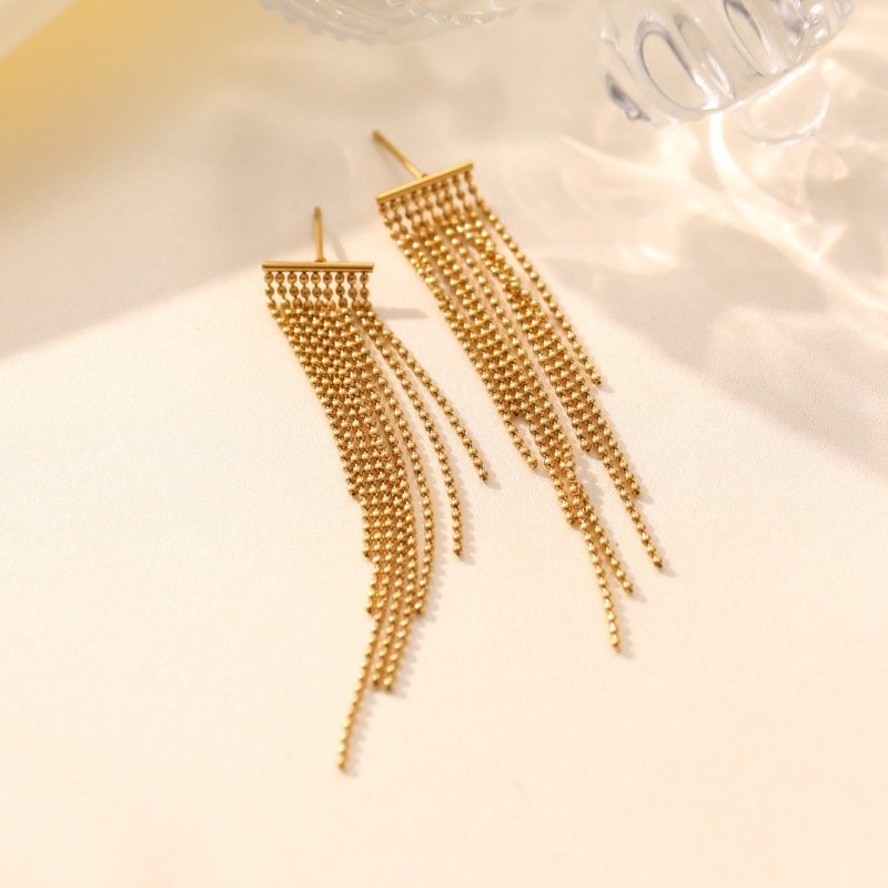 LOFTILY长流苏耳环轻奢气质几何玻珠流苏耳环女金色耳环_sku-1-E1732-GO Sparkling Gold Chain Tassel Earrings for Women - Image 1