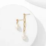 Asymmetrical Double Pearl Drop Earrings | Gold Stainless Steel Jewelry - Image 3