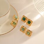 Vintage Square Green Stone Stud Earrings for Women | Natural Turquoise-Inspired Jewelry