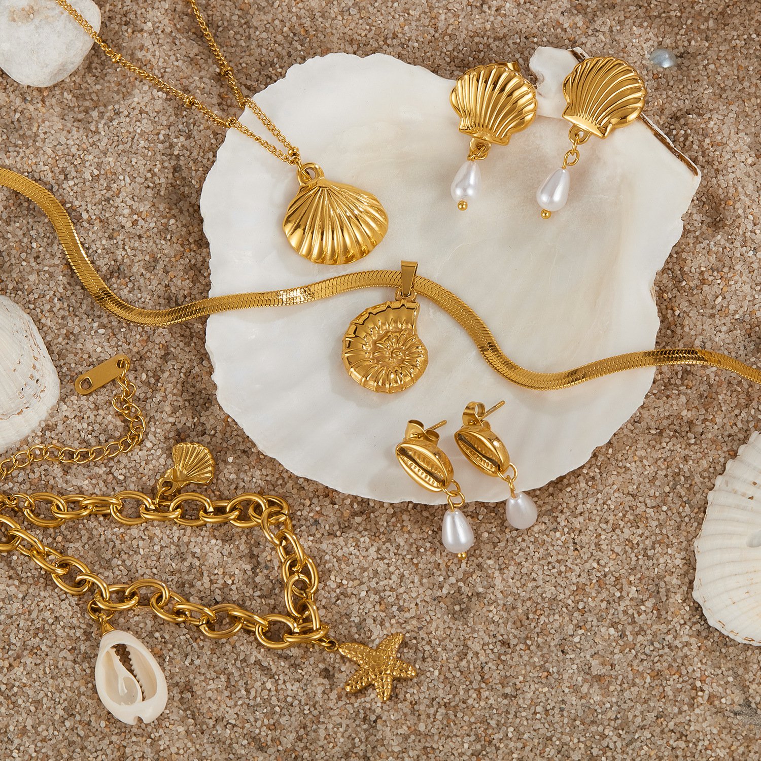 新款海洋系列套装饰品时尚小众设计不锈钢项链女跨境手链批发耳环_详情-5 Fashion Ocean Series Jewelry Set - Image 1