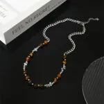 Men's Tiger Eye & Silver Bead Spliced Necklace | Titanium Steel Hip-Hop Jewelry - Image 2