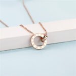 Roman Numeral Double Ring Diamond Pendant Necklace | 18K Rose Gold-Plated Stainless Steel Jewelry