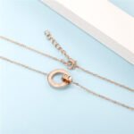 Roman Numeral Double Ring Diamond Pendant Necklace | 18K Rose Gold-Plated Stainless Steel Jewelry - Image 3