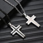 Vintage Engraved Grid Cross Pendant Necklace | Two-Tone Stainless Steel Men's Jewelry - Image 3