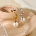 Twisted Hoop Pearl Drop Earrings | Minimalist Stainless Steel Jewelry - Image 2