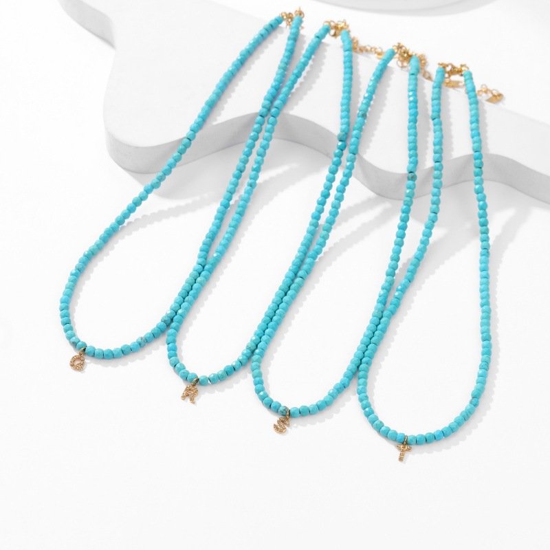 LOFTILY 简约项链女百搭绿松石项链欧美英文26字母吊坠项链DIY_主图-3 Natural Turquoise Beaded Choker with Initial Z CZ Charm | 18K Gold-Plated Stainless Steel Jewelry - Image 1