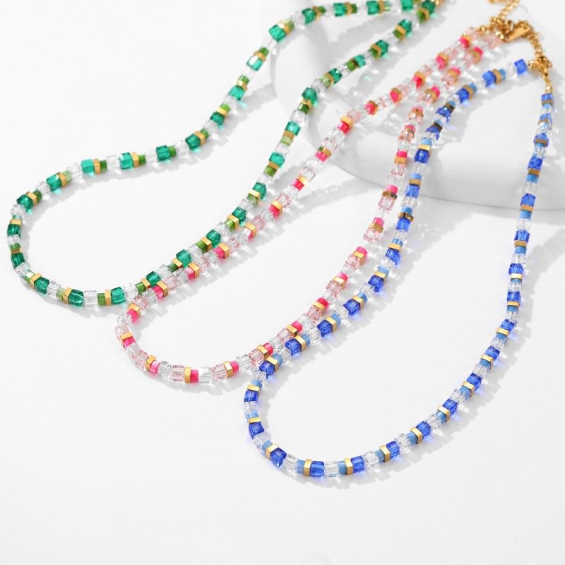 LOFTILY跨境热卖水晶手链女小众几何diy轻奢水晶手串饰品批发首饰_主图-4 Colorful Square Natural Stone Beaded Necklace & Bracelet Set | Boho Summer Jewelry - Image 1
