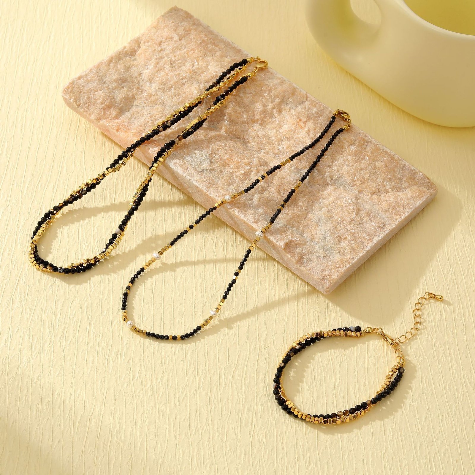 珠子手链小红书直播热销不锈钢串珠项链黑玛瑙双层手链项链套装_主图-2 Titanium Steel Colorful Evil Eye Star & Pearl Choker Necklace | 18K Gold-Plated Boho Jewelry - Image 1